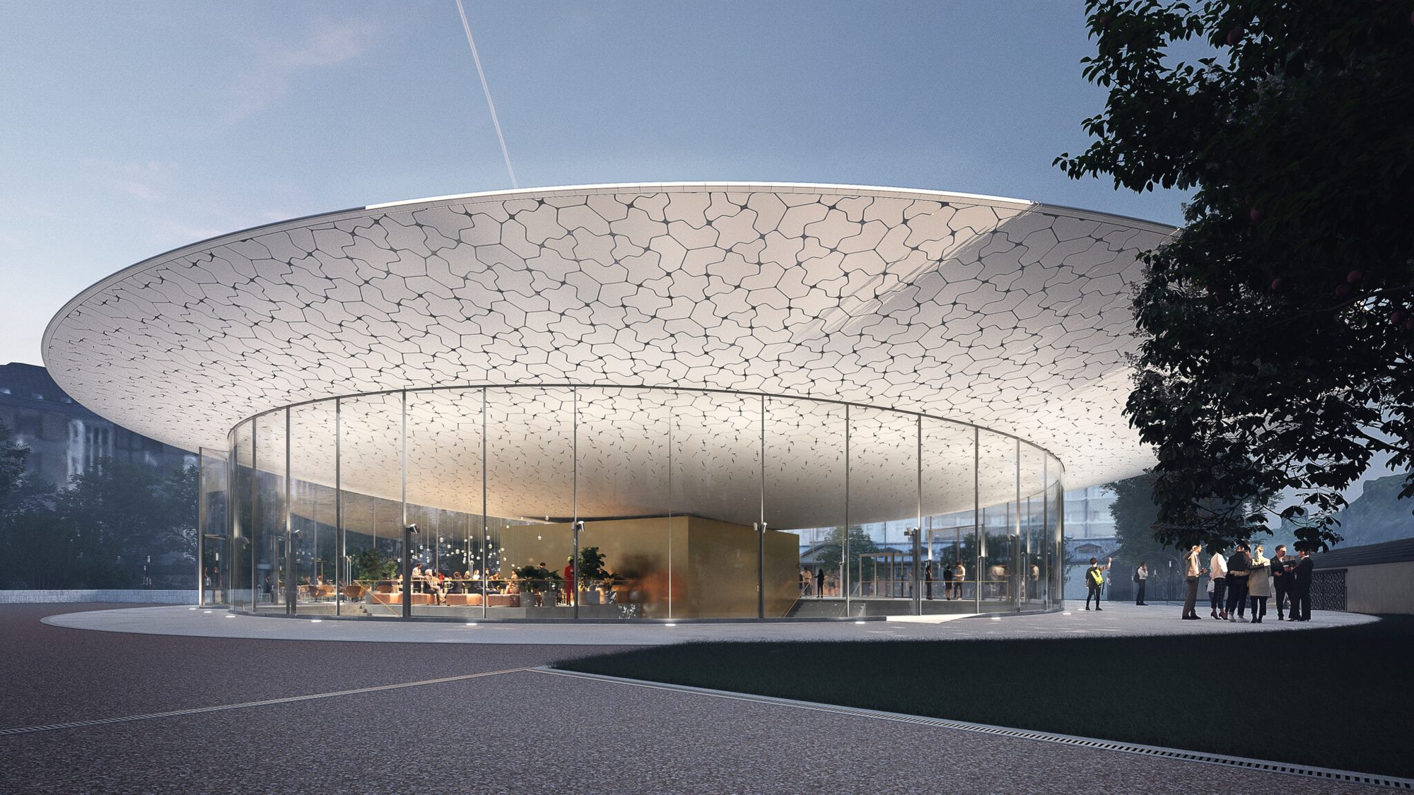 Architect’s visualisation of the finished Atlas Pavilion: a wide, dish-shaped roof clad in pale tiles above a curved glass pavilion